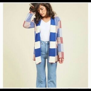 ** ModCloth simply snuggly patchwork red blue cardigan XS